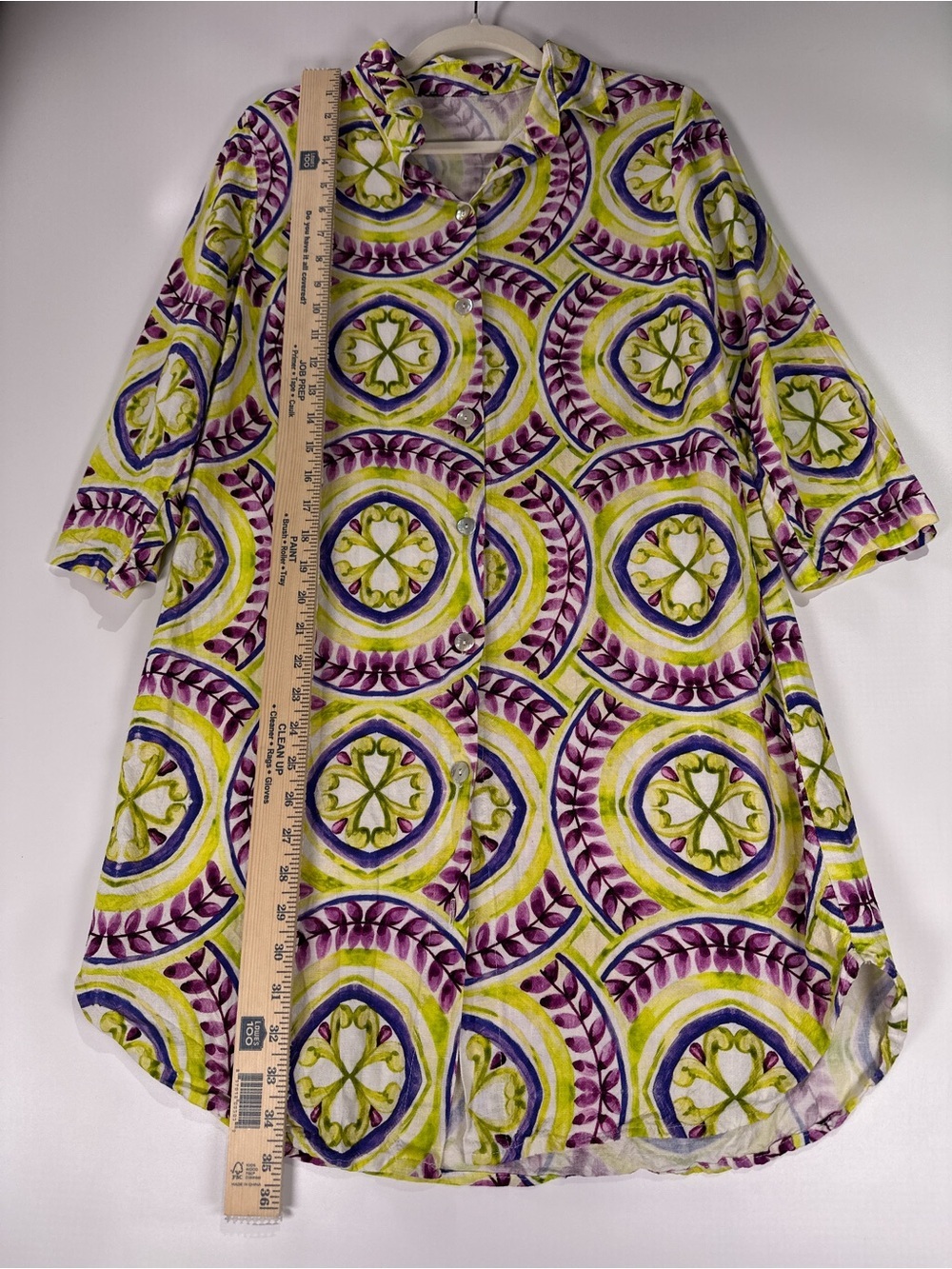 Made In Italy Shirt Dress Linen Medallion Print Green Purple Size 10 - Picture 8 of 10
